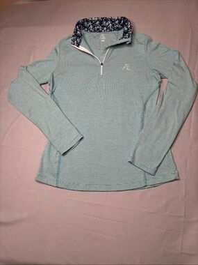 Rhoback Green White Striped Quarter-Zip with Floral Trim XS Thumb Holes Qzip